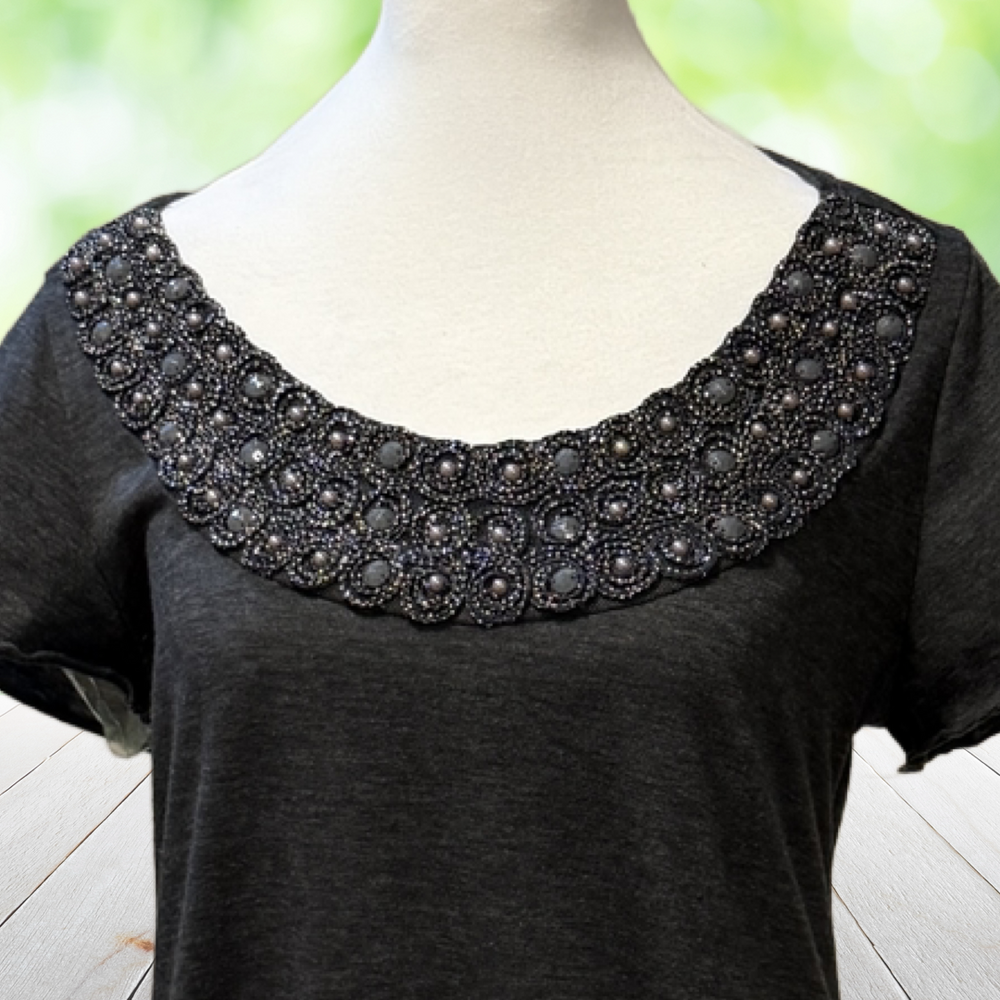 Vtg Y2K Embellished Top Beaded Neckline Handkerchief Hem Artwear Glam USA Size S